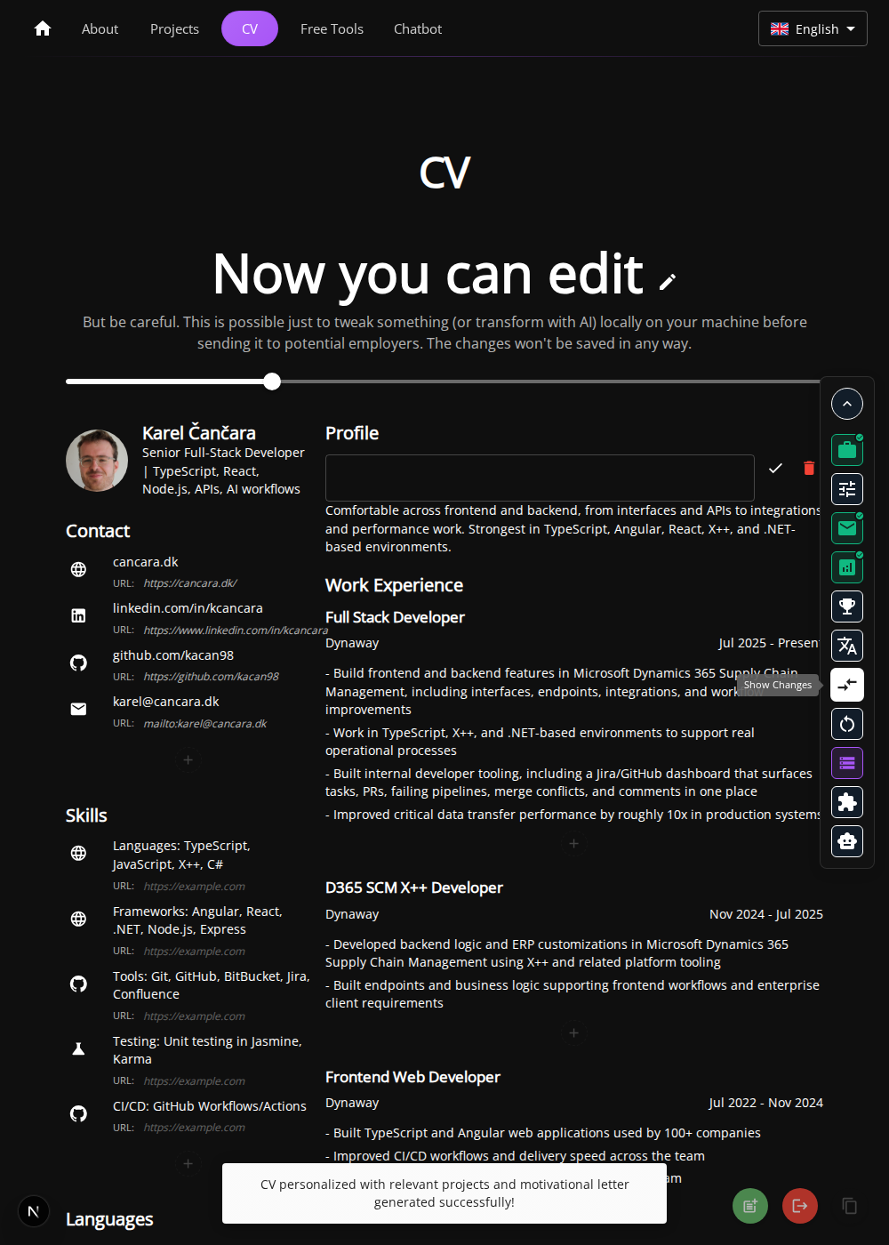 Diff view showing exactly how AI tailored the CV for a role.