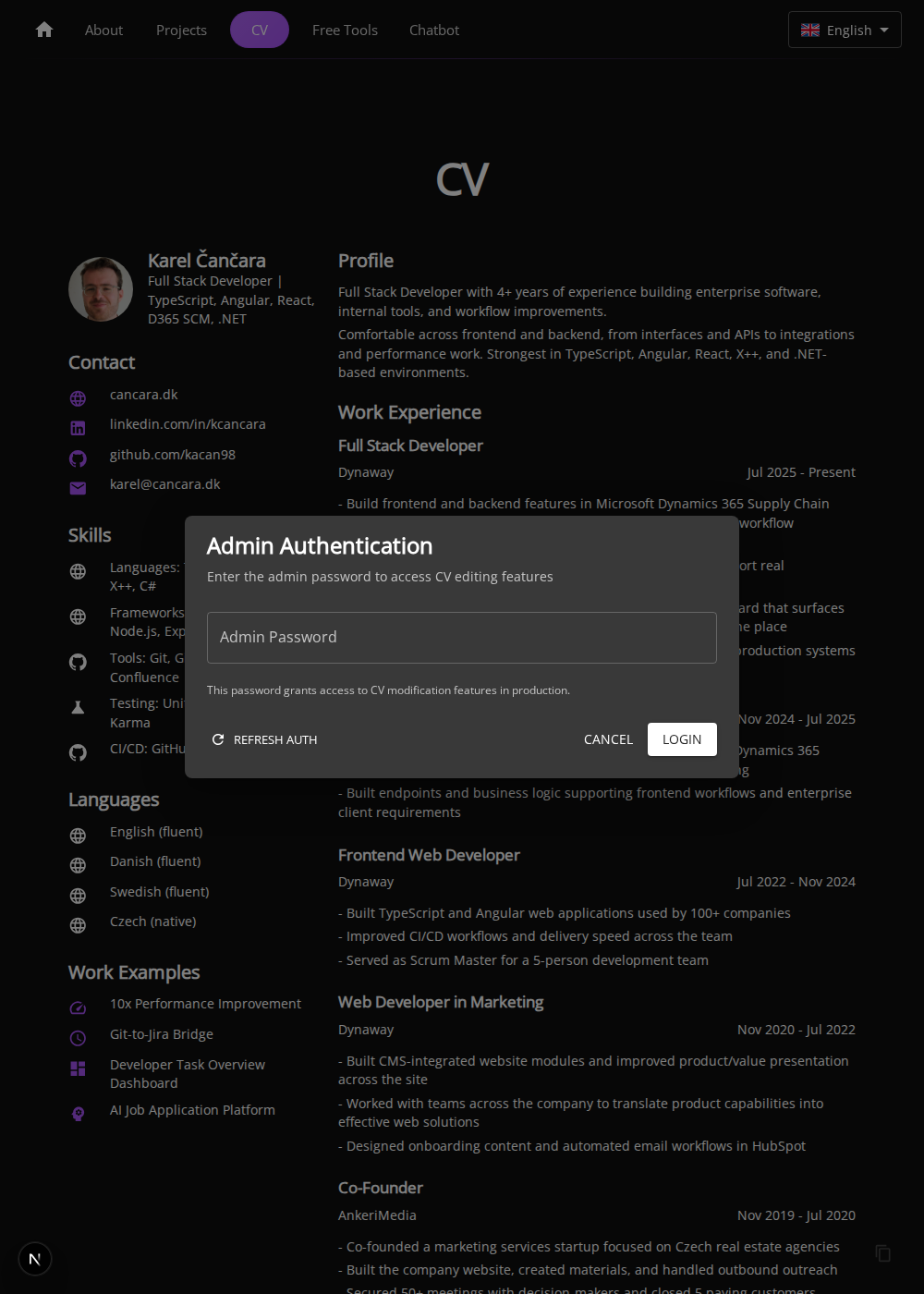 Password-gated entry to the private CV editing workflow.