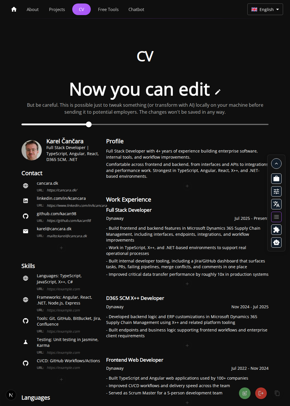 Editable CV mode with the compact action rail visible on the right.