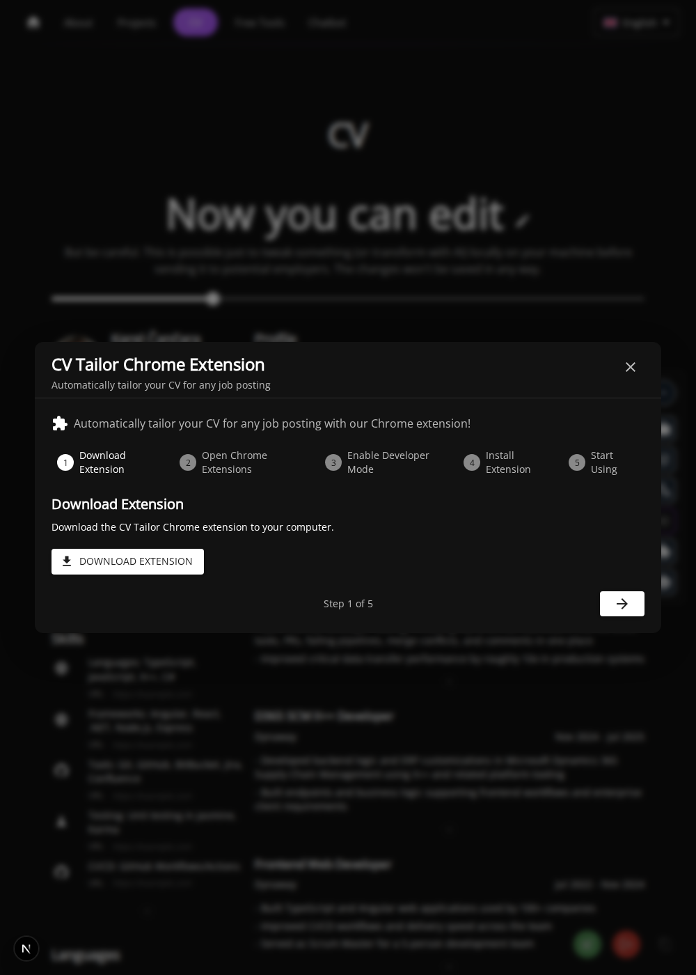 Chrome extension flow for bringing a job post into the CV tailoring process.