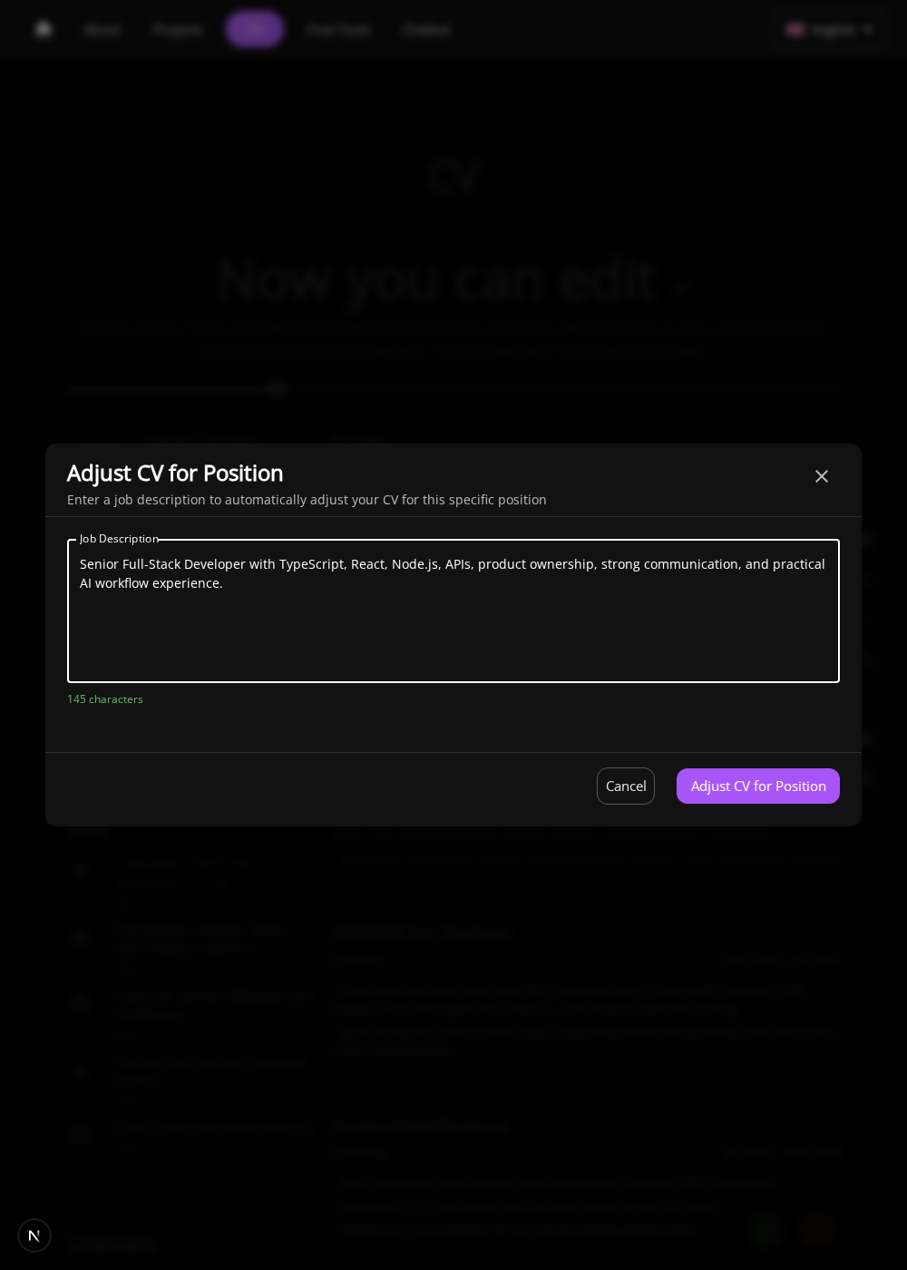 Modal for tailoring the CV to a pasted job description.